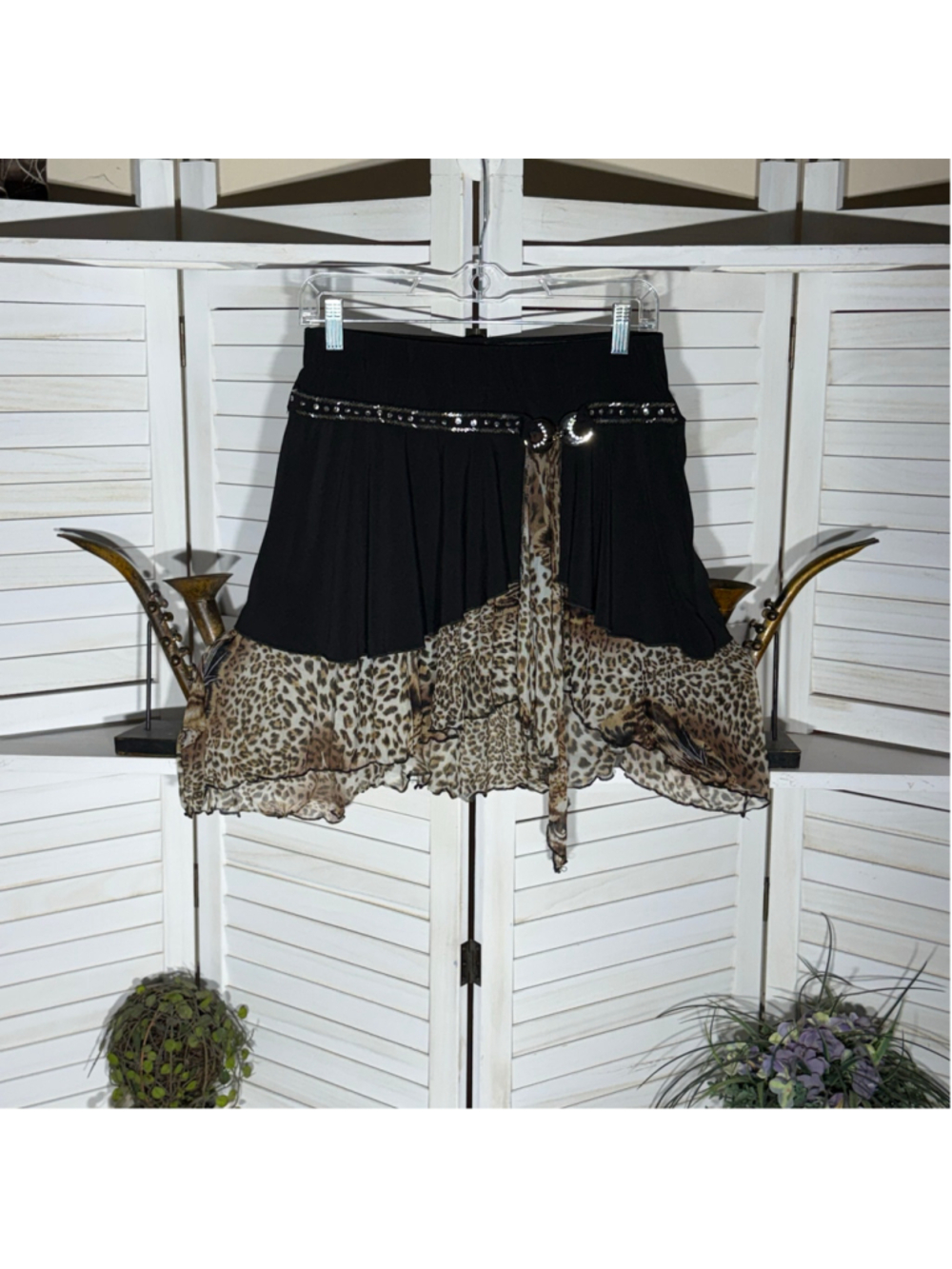 Vintage Y2K chiffon mini skirt black animal print quarter moon beaded whimsigoth